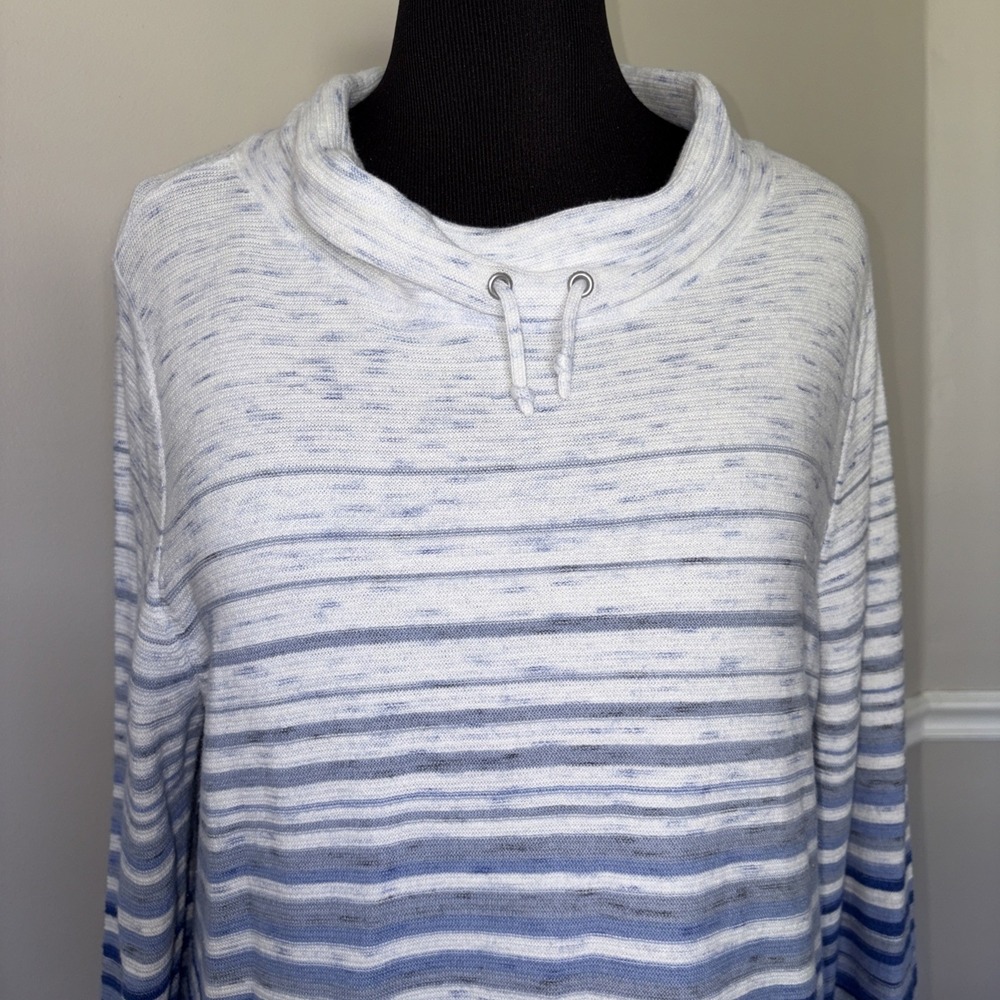 T By Talbots Top Women's XL Blue Ombre Stripe Drawstring Cowlneck Minimalist - Picture 6 of 15